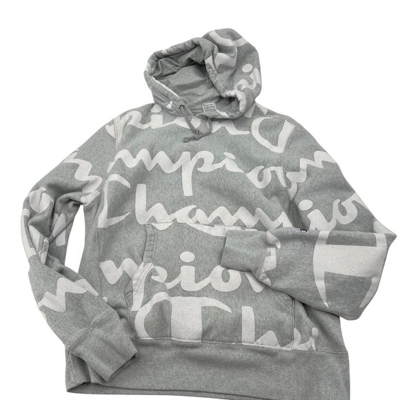 Champion Reverse Weave Gray Hoodie Sweatshirt White Script Men's size Medium - Picture 1 of 7